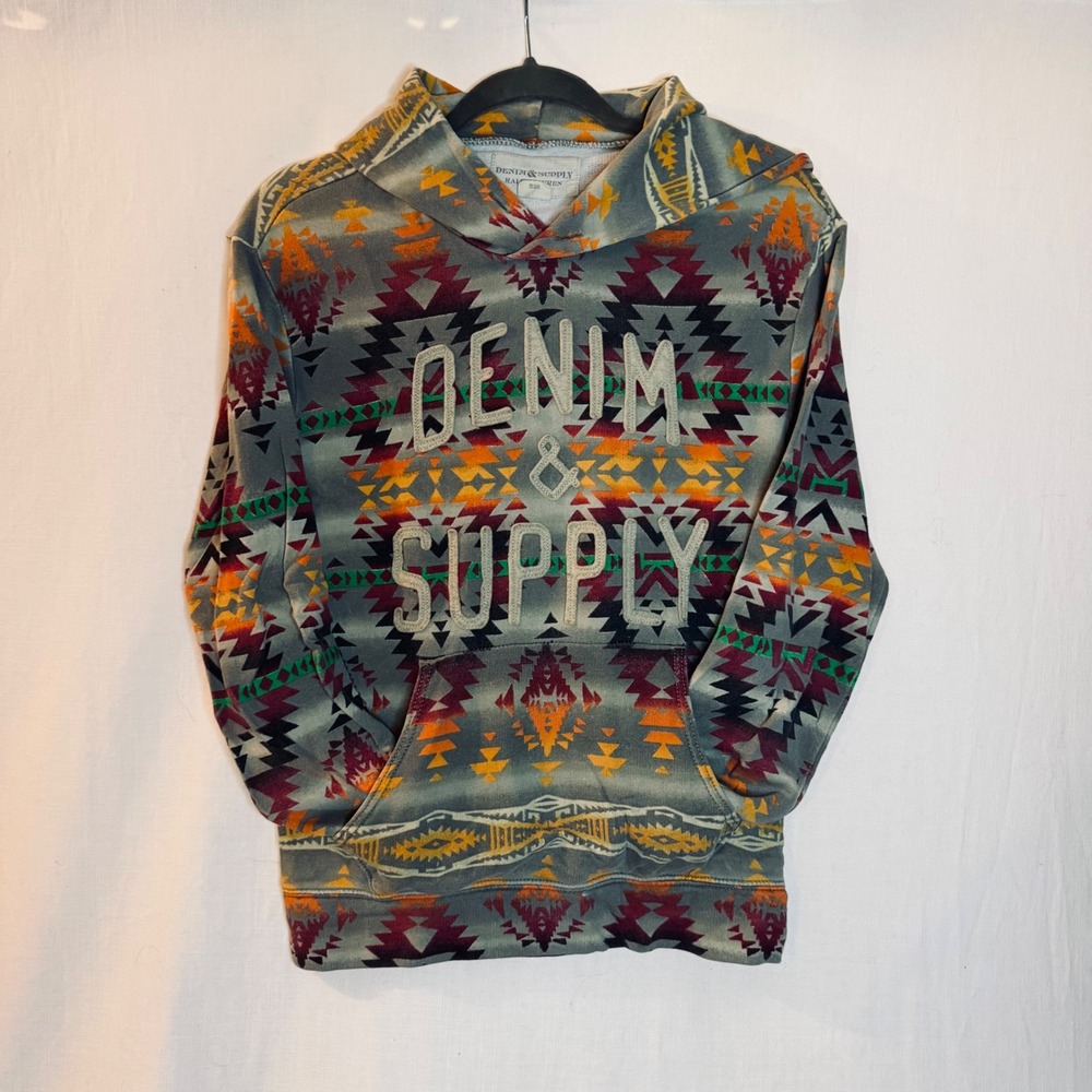 Denim & Supply Ralph Lauren Southwestern Geometric Logo Hoodie Sweatshirt Grey